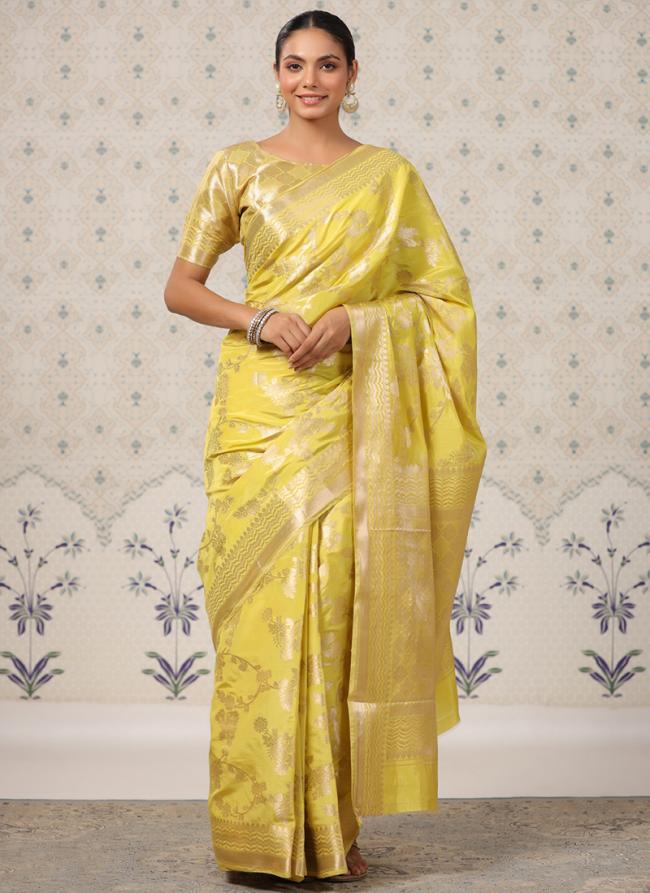 Silk Blend Yellow Party Wear Weaving Saree